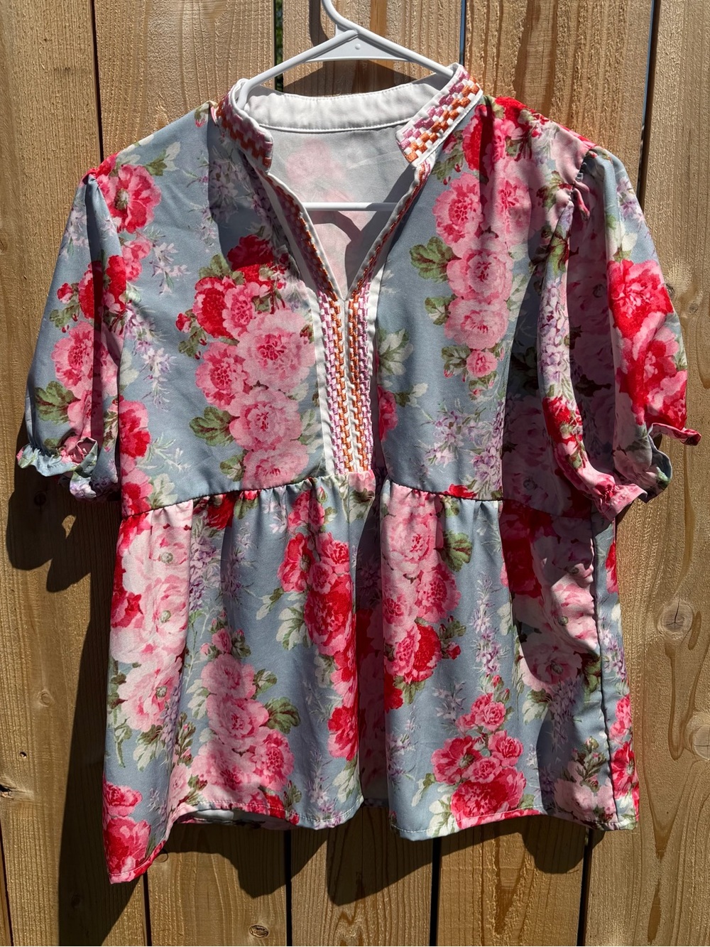 Floral Split-Neck Peplum Top in Pink & blue